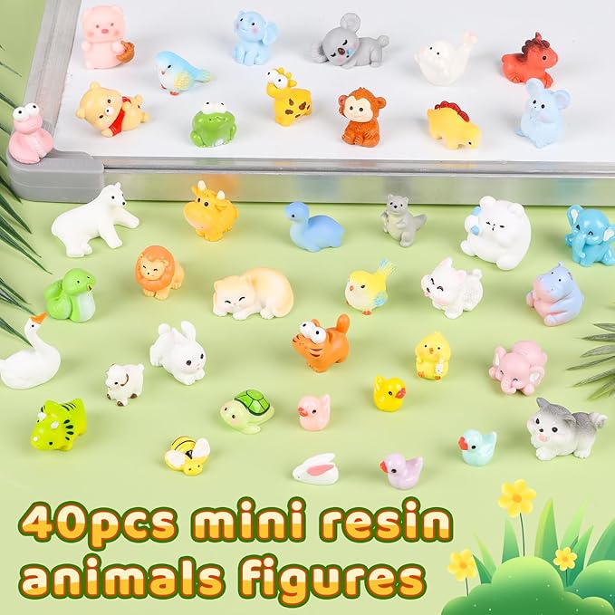 CCINEE 40pcs Mini Resin Animals Figures to Hide, Miniature Resin Figurines Bulk for Fairy Garden Dollhouse Accessories Tiny Figurines Animals to Hide Aquarium Toys