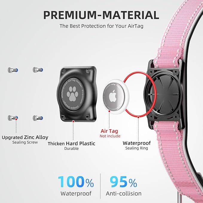 Airtag Dog Collar - 100% Waterproof Air tag Dog Collar Holder for Apple AirTag, Reflective, Soft Padded, Everlasting, GPS Dogs Collar for Small Medium Large Dogs (Pink, M)