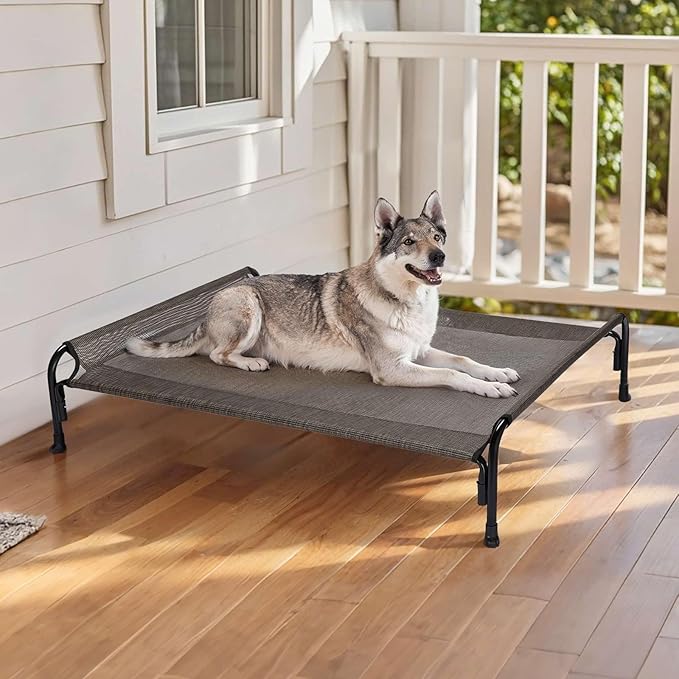 Veehoo Outdoor Elevated Dog Bed, Raised Dog Cot for Large Dogs, Cooling Washable Waterproof Pet Hammock Beds with Slope Headrest, Breathable Mesh and Sturdy Frame, Large, Brown, CWC2204