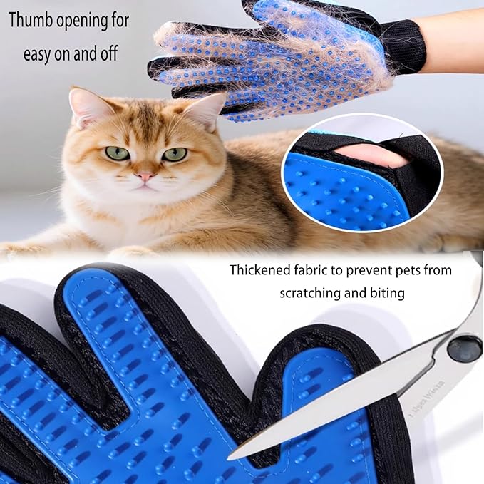 2 in 1 Cat Grooming Glove, Double-Sided Use Pet Hair Remover Glove, 1 Side is Gentle Grooming for Dogs, Cats, the Other is Effective Hair Remover for Furniture, Clothing (Light Blue, Right-Hand)