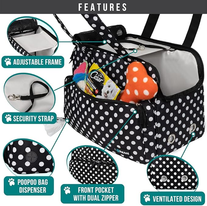 PetAmi Small Dog Purse Carrier, Soft-Sided Pet Carrier Bag with Pockets, Portable Puppy Cat Travel Handbag Tote, Airline Approved Breathable Mesh, Poop Bag Dispenser, Max 18 lbs, Polka Dot Black