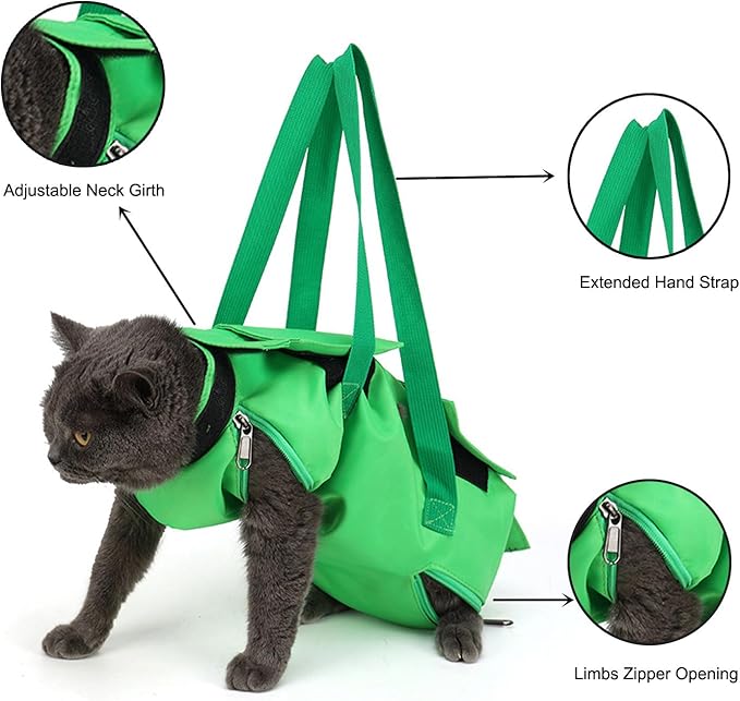HDKUW Cat Grooming Bag,Foldable Travel Carrier for Cats,Anti-Bite Anti-Scratch Cat Grooming Restraint Bag,Pet Carrier for Administering Eye Drops,Ear Cleaner,Clipping Nails Green M