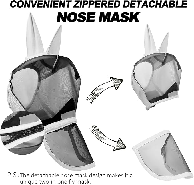 Luminous Horse Fly Mask with Long Nose, Ears, Full Face & Eye Protection - Full Mesh, Detachable Nose Cover, Fleece Padded Edging, Hook-and-Loop Straps with Webbing, Hanging Straps Grey