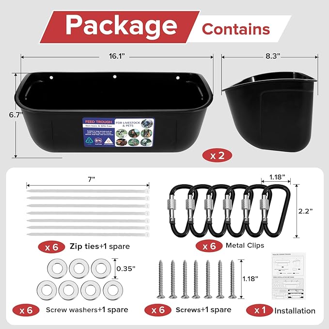 Goovilla Large Feed Trough, Hanging or Screw-in Fence Feeder with Clips, 2 Pack 9 Quart Goat Feeder Supplies, Dog Horse Hog Pig Livestock Poultry Plastic Feeder Trough Bucket for Large Animal, Black