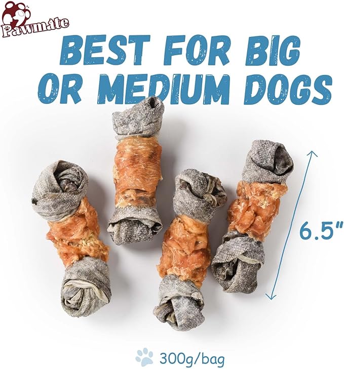 Dog Treats Chicken Wrapped Cod Skin Knotted Bones-6.5", All-Natural Healthy Fish Skin Dog Chew Treats, Rich in Omega-3 Protein, 4 Counts, 10.6 OZ
