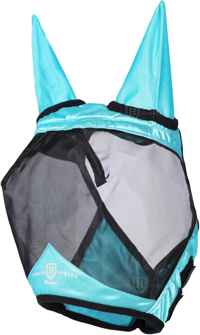 Harrison Howard Pro Luminous Horse Half Face Fly Mask Large Eye Space with Ears UV Protection for Horse Teal S