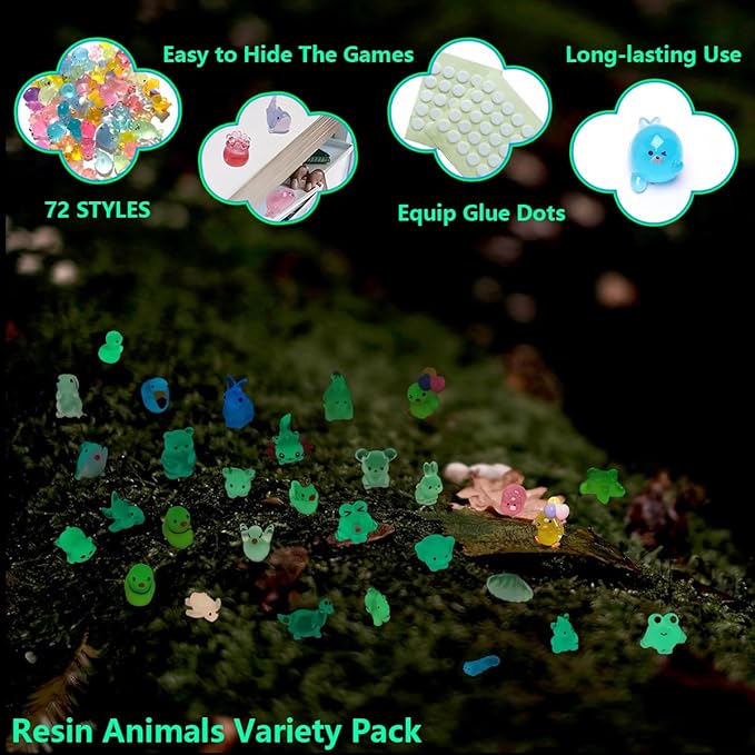 72 Types Luminous Mini Resin Animals, Plastic Tiny Resin Animals to Hide Prank,Mini Animals Figures for Fairy Garden, Dollhouse,Terrariums, Potted,Cake Topper, Miniature Landscape Ornament