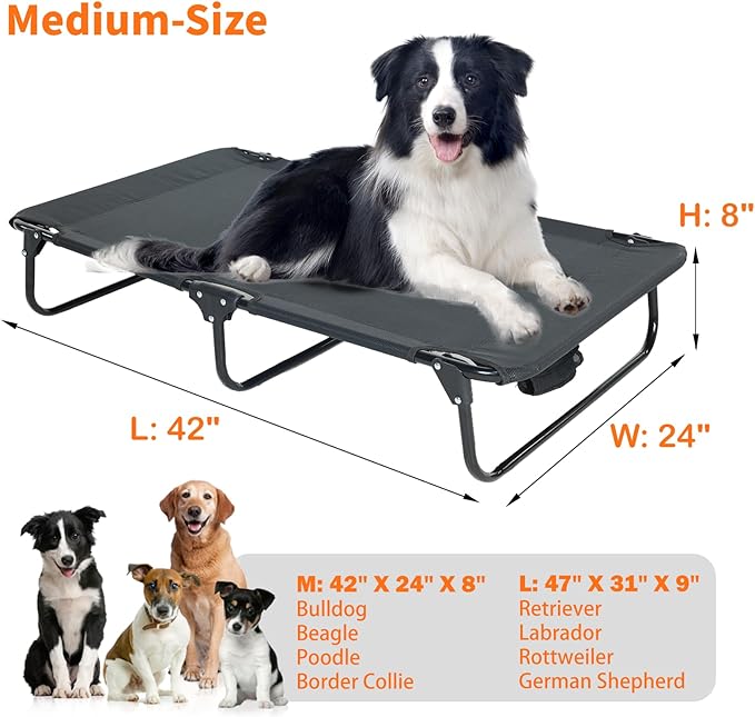 Elevated Dog Bed for Large Pet with No-Slip Feet, Foldable Portable Washable Raised Bed for Indoor&Outdoor Camping Dog Cot, with Cooling Waterproof Breathable Mesh (Medium, Black-Textilene)