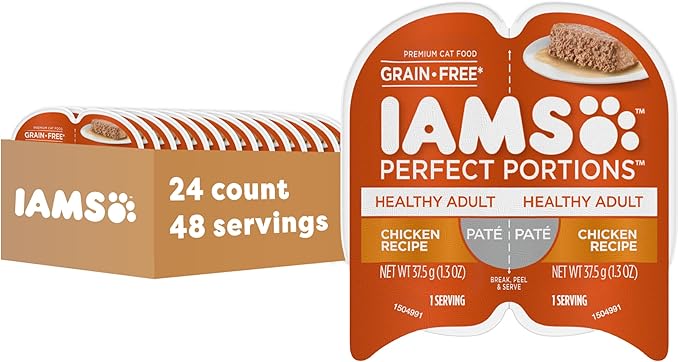 IAMS Perfect Portions Healthy Adult Grain Free Wet Cat Food Pate, Chicken Recipe, 2.6 oz. Easy Peel Twin-Pack Trays (24 Count, 48 Servings)
