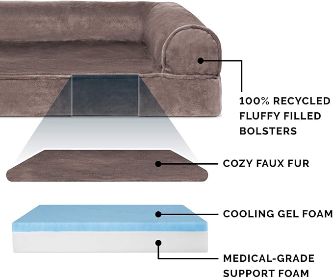 Furhaven Cooling Gel Dog Bed for Large/Medium Dogs w/ Removable Bolsters & Washable Cover, For Dogs Up to 55 lbs - Faux Fur & Velvet Sofa - Driftwood Brown, Large