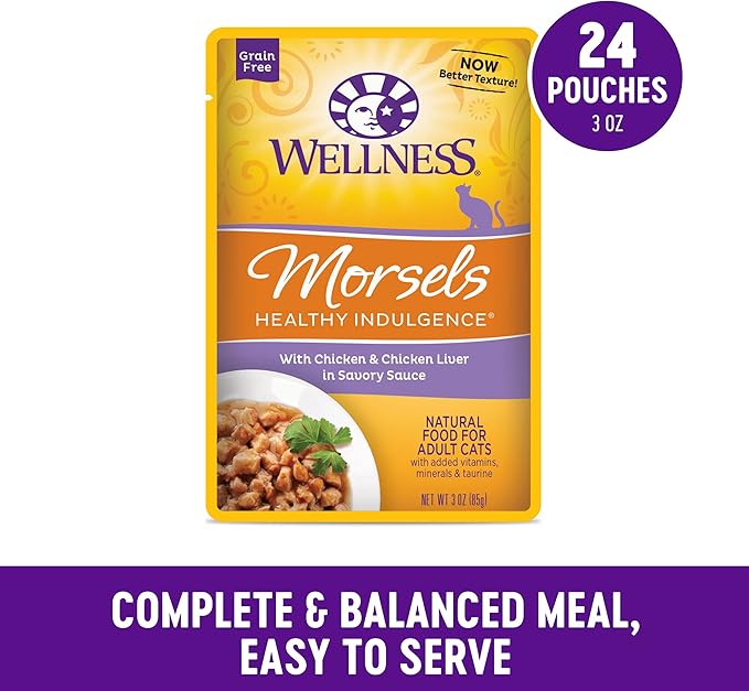 Wellness Healthly Indulgence Morsels Adult Wet Cat Food, Natural, Protein-Rich, Grain-Free, 3 Ounce Pouch, 24 Pack, (Chicken & Chicken Liver)