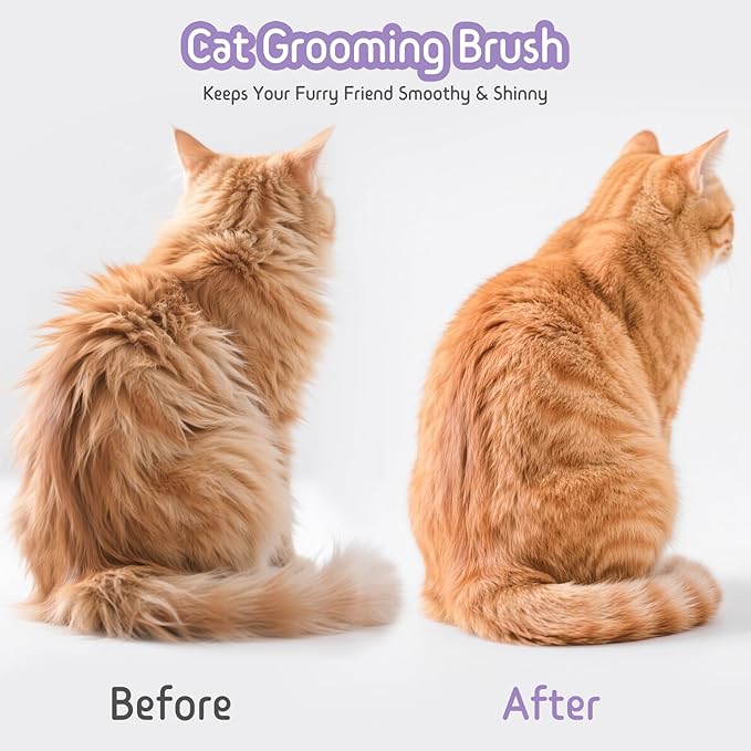 Self Cleaning Slicker Brush, 2-in-1 Cat Brush for Shedding, Skin Friendly Grooming Tool for Long & Medium-Long Hair Pets, Adjustable Bristle Length with Dematting Comb for Cats, Dogs (Purple)