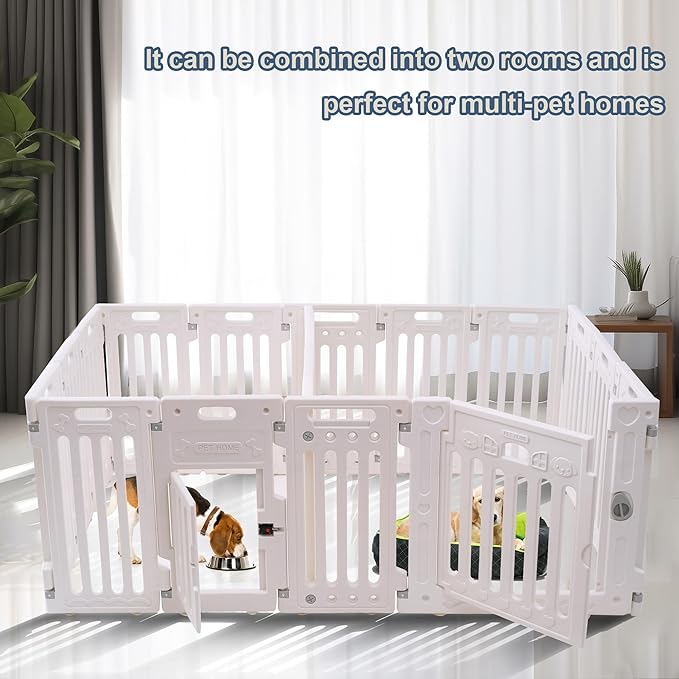 2 Room Dog Playpen with Door,DIY Shape Combination Puppy Pen,16-Panel+2 Link Piece+Large Door+Small Door,25.5" H Dog Fence,Non-Slip&Secure Pet Gate,Easy to Assemble (Two Rooms)