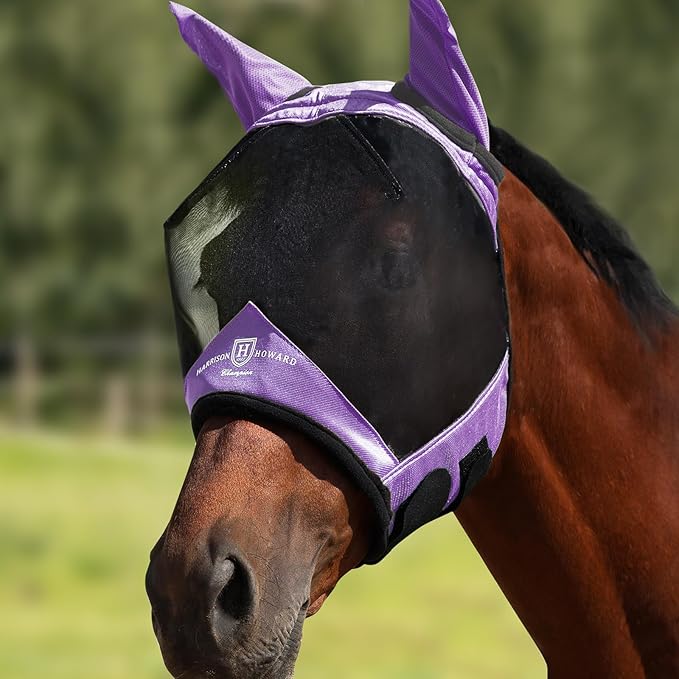 Harrison Howard Pro Luminous Horse Half Face Fly Mask Large Eye Space with Ears UV Protection for Horse Gentle Lavendar XL