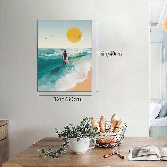 Beach Surfing Wall Art Ocean Coastal Wave Canvas Wall Decor Summer Nature Seascape Pictures Painting Print Framed Artwork Decorations for Bathroom Living Room Office Bedroom 12"x16"