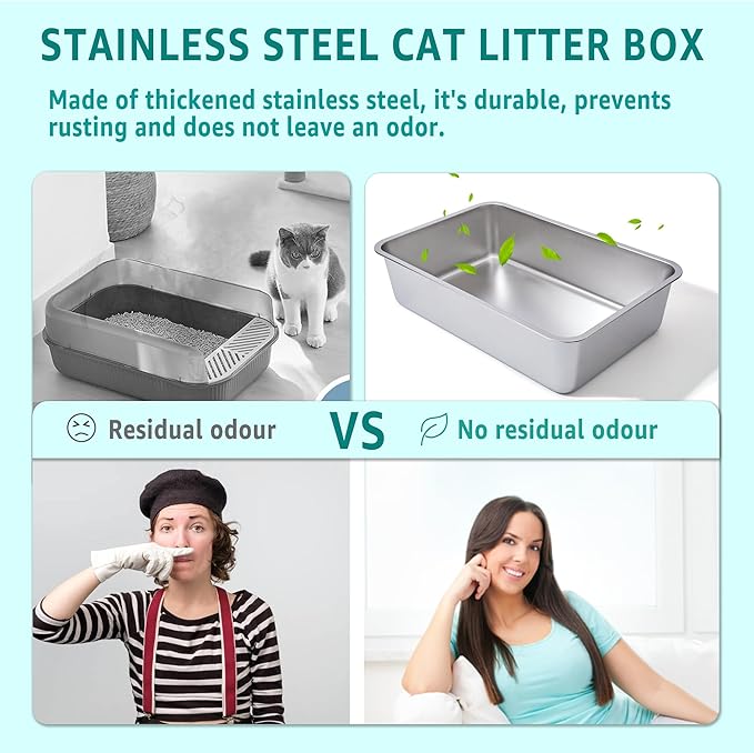 Stainless Steel Litter Box -6in High Sided,XL Metal Cat Litter Box for Big Cats Easy to Clean, Cat LitterBox Metal Pet Toilet for Adult Big Cats,Non Stick, No Smell,23.6"x15.8"x6"