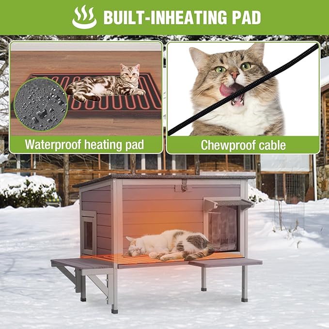 GUTINNEEN Heated Cat House Outdoor Cat House Insulated Weatherproof Feral Cat Shelter with Heated Pad and All-Round Thermal Liner for 1-3 Cats (Winter-Ready)