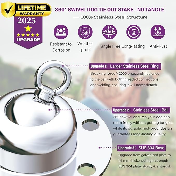 360° Swivel Dog Tie Out Stake Dog Anchor - 2025 Upgrade - Heavy Duty Stainless Steel Dog Yard Stake for Small to Large Dogs 6 PCS Dog Tethers Holds 1500Lbs of Pull Force Great for Yard Camping Outdoor