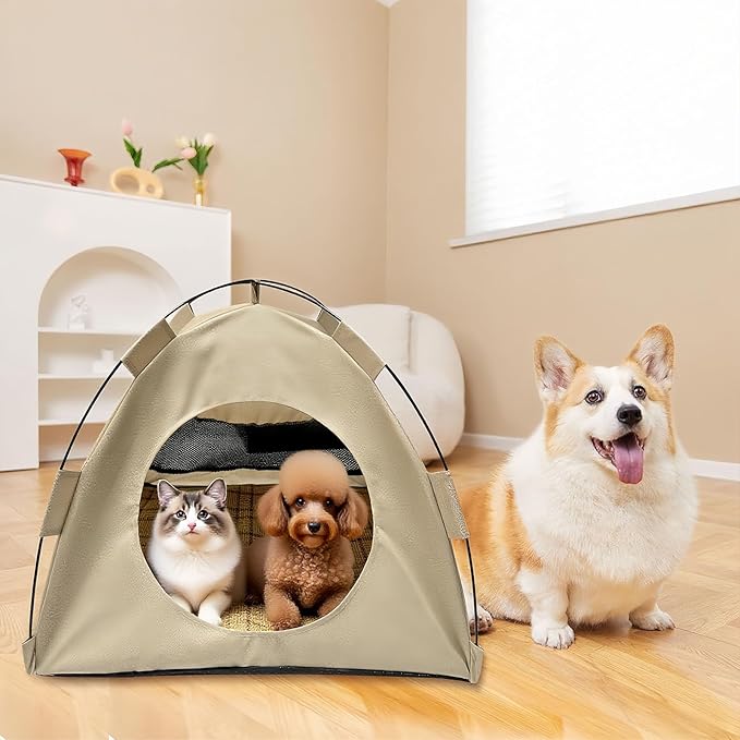 BreezyDen Pop-Up Pet Tent – Portable Hideaway for Cats & Small Dogs, Portable Indoor/Outdoor Pet Tent House with Mesh Window, Waterproof, Breathable, Scratch-Resistant, Fully Washable (Beige,L)