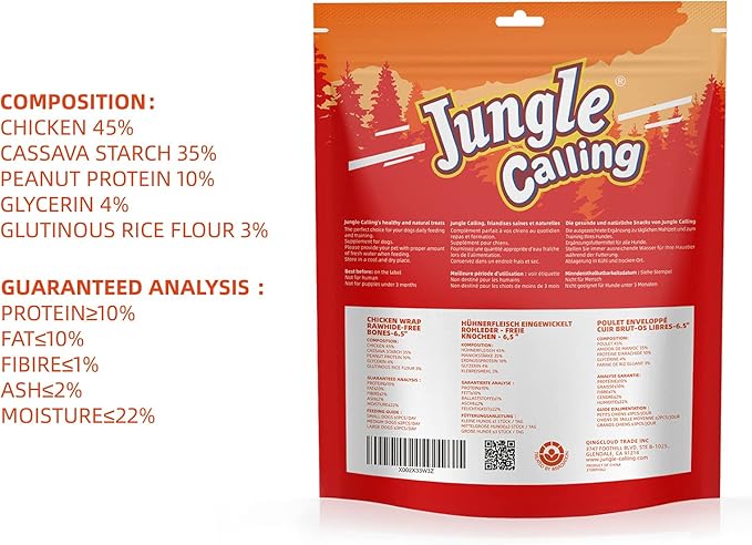 Jungle Calling Rawhide Free Dog Bones, 6.5" Real Chicken Wrapped Dog Chew Bones for Medium and Large Dogs Training Treats