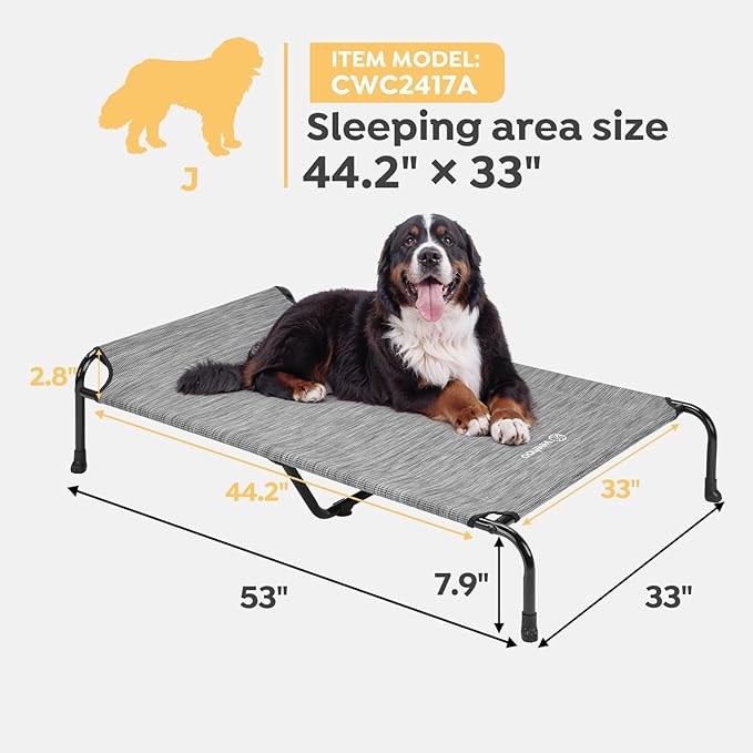 Veehoo XXXL Original Elevated Dog Bed - Outdoor Raised Dog Cots Beds for Large Dogs, One-Sided Extra Large Raised Cooling Pet Bed Off Ground, Non-Slip & Breathable, Black Silver 53"L x 33"W x 7.9"Th