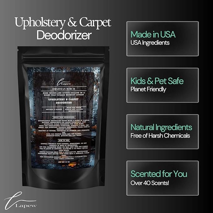 Obsidian Birch Carpet Freshener Powder: Powerful Odor Eliminator for Home, Upholstery Deodorizer, Carpet Deodorizer, Pet Urine - Birch & Black Pepper Fragrance