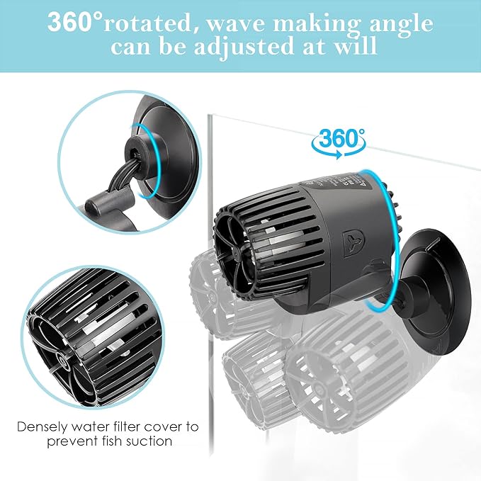 AQQA Aquarium Wave Maker,3W/5W/10W/15W Suction Cup Fish Tank Single Powerhead Pump，110V/60Hz Ultra Quiet Submersible Circulation Pump,360°Adjustable For Freshwater Saltwater Black