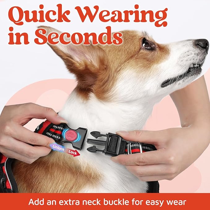 rabbitgoo Dog Harness for Large Dogs, No Pull Pet Vest with 3 Buckles, Adjustable Soft Padded Pet Harness with Easy Control Handle and Reflective Strips, Red, XL