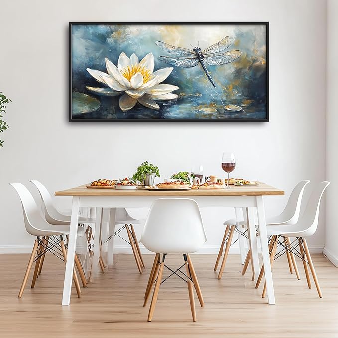 Extra Large Lotus Dragonfly Framed Wall Art for Living Room,Abstract Blue Lotus Flower Lake Pictures Wall Decor,Nature Canvas Print Painting Modern Artwork Bedroom Office Bathroom 60L" x 30W"