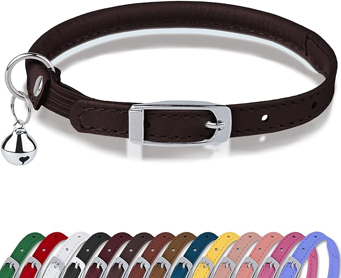 OOPSDOGGY Rolled Leather Cat Collar with Bell, Reflective Kitten Collars with Buckle Include Safety Elastic Strap - Adjustable Small Pet Collars for Boy Girl Cats (Dark Brown)