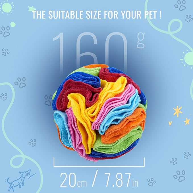 Pet Snuffle Ball, Puzzle Sniffing Interactive Dog Ball for Blind Dogs Training Stress Relief Dog Enrichment Toys Treat Machine Washable (20cm, Rainbow Color Upgrade)