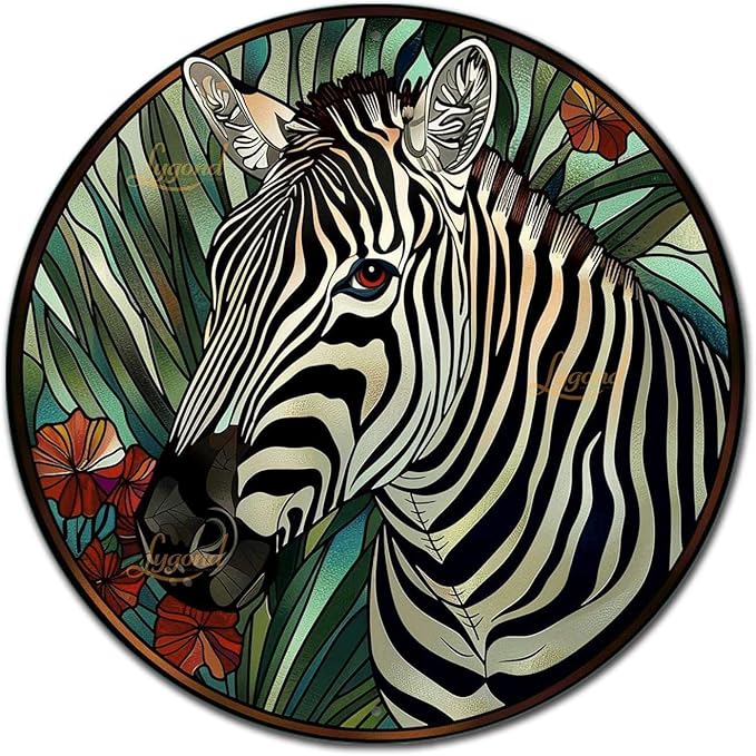 Lygond Metal Sign Tin Sign Circular Stained Glass Zebra Decor Outdoor for Garden 12×12 Inches