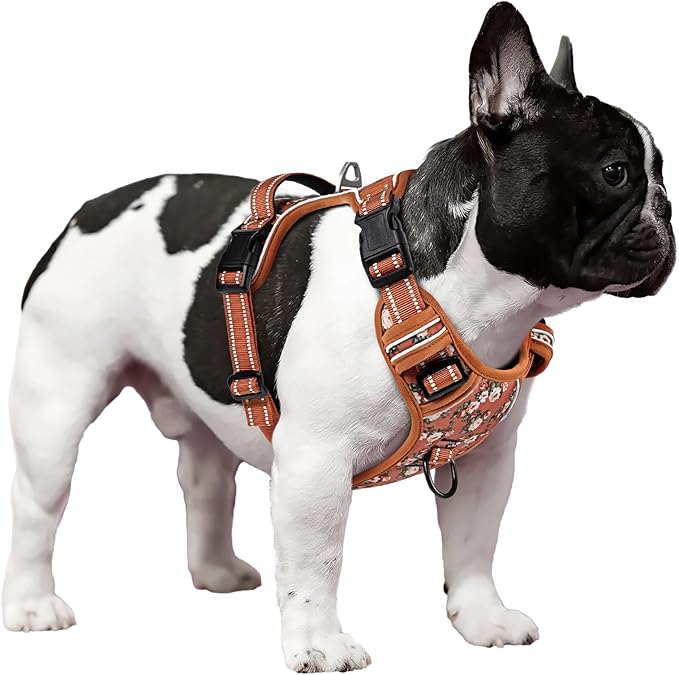 Timos Dog Harness, No Pull Dogs Harness 3 Snap Buckles Adjustable Reflective No Choke Pet Vest for Small Dog with Soft Padded Control Training Handle for Outdoor Training,Flower Orange, XS