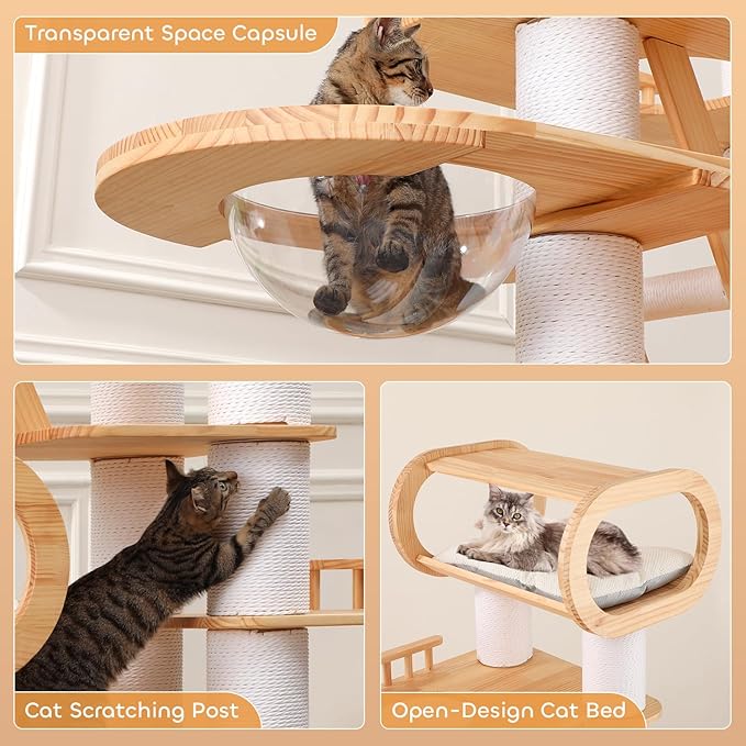 76.8'' Modern Cat Tree for Indoor Cats, Tall Wooden Cat Tower for Home Decoration, Multi-Level Tower with Transparent Cat Bed, Huge Cat Condo for Multi-Cat Families