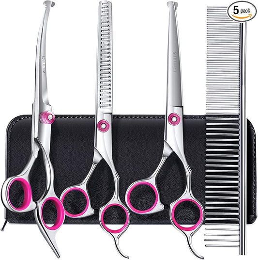 Gimars Dog Grooming Scissors Kit Professional 4CR with Safety Round Tip, 5 in 1 Heavy Duty Titanium Coated Thinning & Curved & Straight Shears