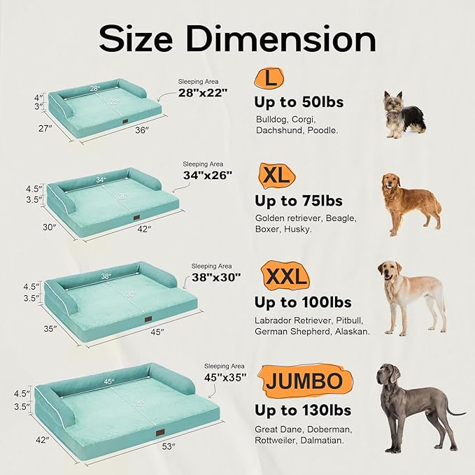 Orthopedic Large Dog Bed Washable, Orthopedic Dogs Bed with Removable Cover, XLarge XL Pet with Bolster, Washable Aqua Blue Large Dog Beds with Egg Foam for Medium Gaint Dogs