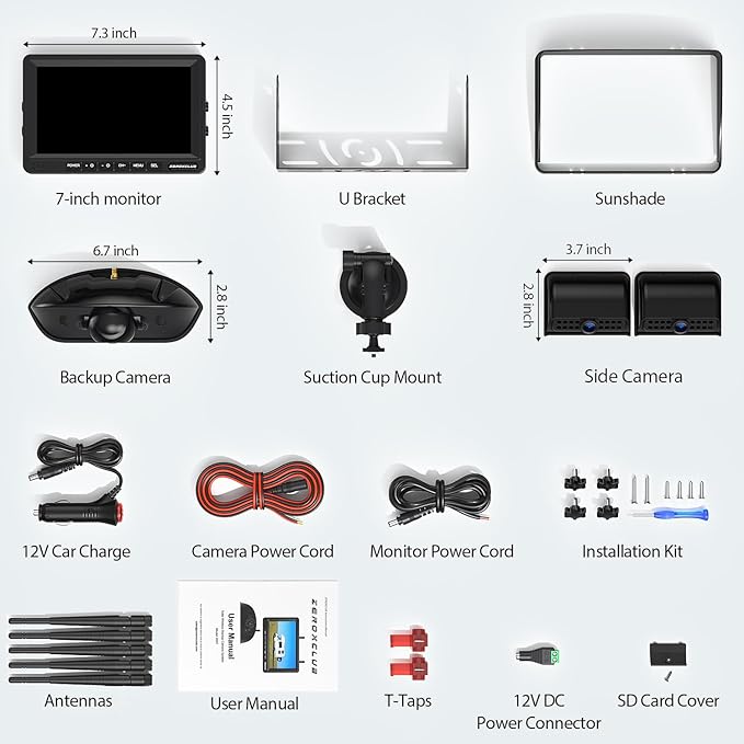 3-Camera Wireless RV Backup Camera System with 7-Inch Monitor, 1 Rear Sharkfin, 2 Side Cameras, DVR Monitor & IR Night Vision, IP69K Waterproof, Compatible with Furrion Pre-Wired RV Trailer