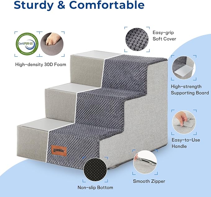 Dog Steps for Couch - Extra Wide Pet Stairs for Small Dogs and Cats, Dog Steps with Non-Slip Bottom Grey 3 Steps, Grey