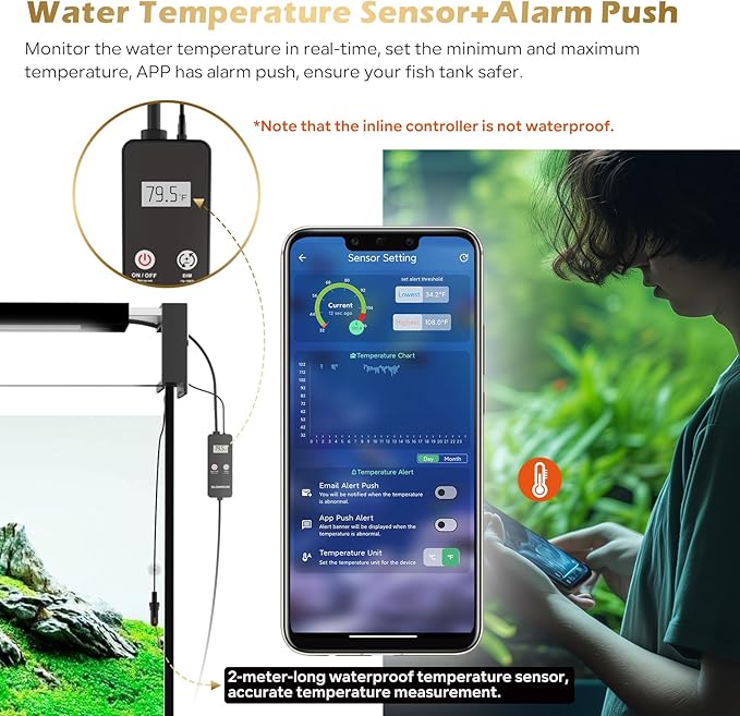 GLOWRIUM Smart Aquarium Light, Bluetooth + WiFi Dual Control Freshwater Fish Tank Light with App, Multi-preset Spectrum, Brightness Adjustable, Anti-Drop, Real Time Water Temperature Sensor (18-24 in)