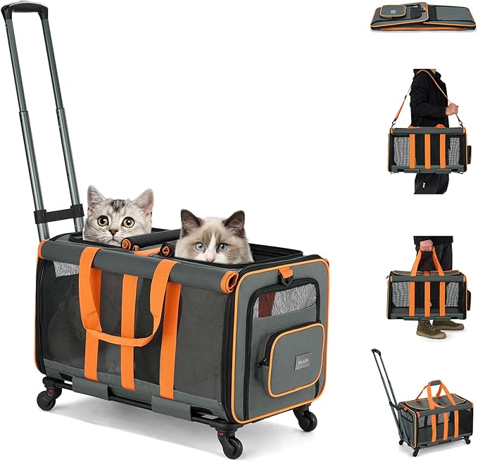 MILADA Large Cat Carrier for 2 Cats, Soft Big Pet Carrier with Wheels, Double Cat Carrier on Wheels, Rolling Pet Carrier for Travel Hiking Shopping and Camping（Not for Air Travel）, Orange