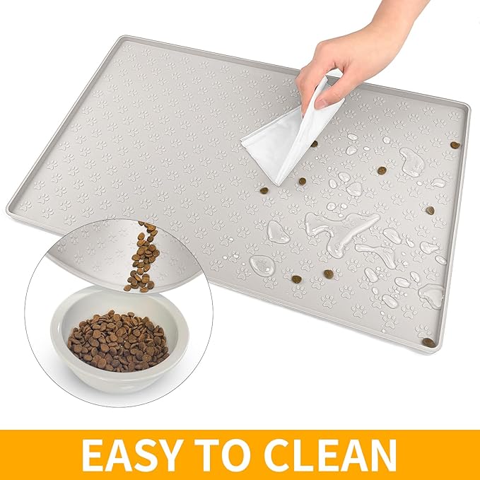 Ptlom Dog Food Mat Anti-Slip Pet Bowl Mats for Food and Water, High-Lips Pet Placemat Prevent Messy Spills to Floor, Waterproof Puppy Feeding Tray for Small, Medium Large Dogs Cats, Silicone