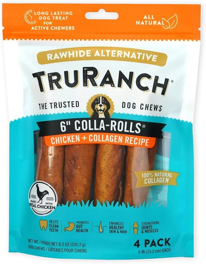 Collagen Rolls - 6" Collagen Rolls for Dogs - Long Lasting Healthy Joint Support Dog Treat - Rawhide Alternative - Skin & Coat Health - Made with Real Chicken, 1 Bag, 4 Count