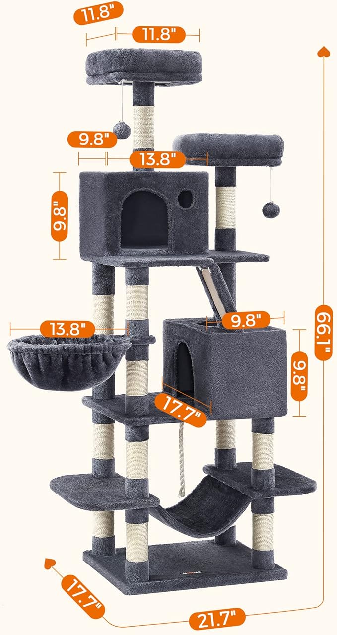 Feandrea Cat Tree, 66.1-Inch Large Cat Tower with 13 Scratching Posts, 2 Perches, 2 Caves, Basket, Hammock, Pompoms, Multi-Level Plush Cat Condo for Indoor Cats, Smoky Gray UPCT165G01