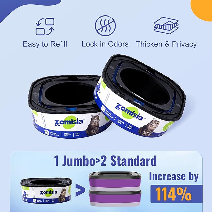 2 Pack Cat Litter Refill Bags, Non-See-Through Jumbo 60FT Cartridge Refill Total Up to 36 Weeks (Over 8 Months) Per Cat for Odor Control, Compatible with Genie Standard, Plus, Style