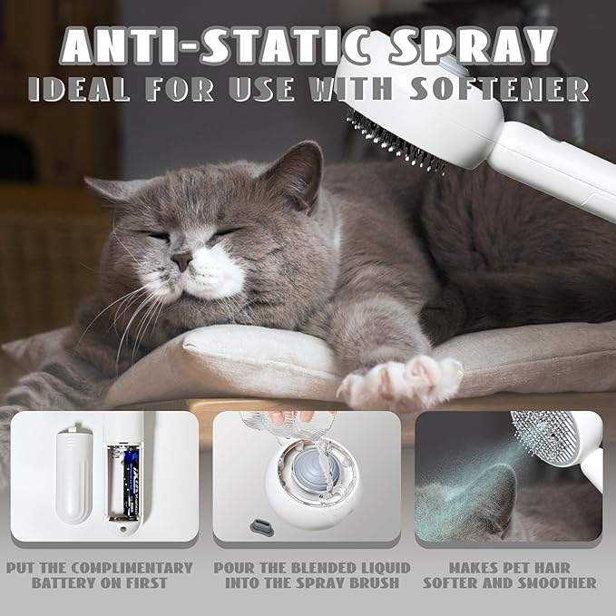 3-in-1 Steam Brush for Cats & Dogs – Hair Removal Comb with One-Click Release & Water Spray – Grooming Brush for Shedding, Long/Short Hair (white brushs-grey)