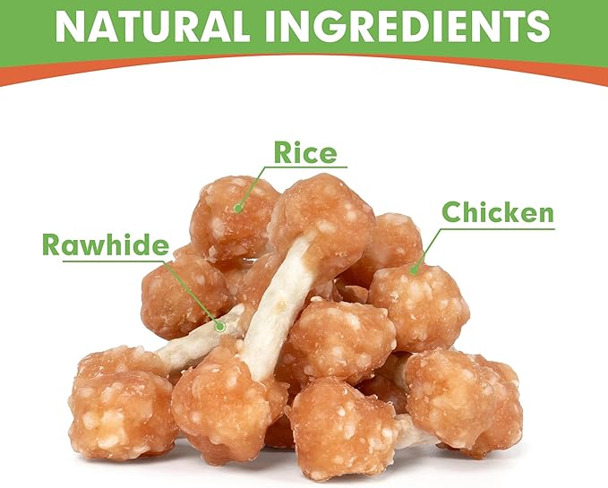 MON2SUN Dog Treats, 9oz Mini Rawhide Chews, Chicken Dumbbells with Rice for Small Dogs & Toy Breed, Crunchy and Healthy (2.5 Inch 17 Count)