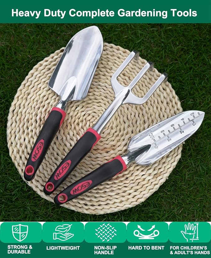 ESOW Garden Tool Set with Non-Slip Rubber Handle, 3 Piece Cast-Aluminum Heavy Duty Gardening Kit Includes Hand Trowel, Transplant Trowel and Cultivator Hand Rake, Red