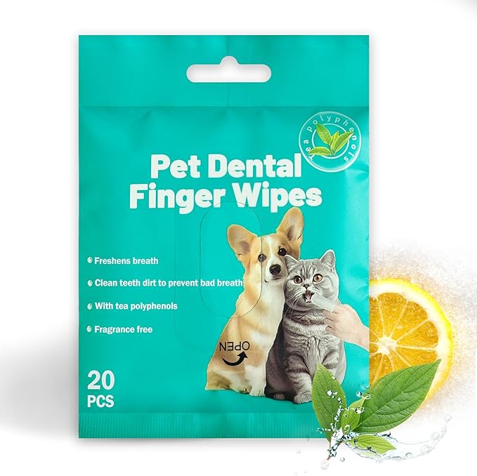 Portable Dog Teeth Dental Finger Wipes for Dogs & Cats No-Rinse Dog Finger Toothbrush Dog Plaque & Tartar Prevention with Brushing Beads Dog Breath Freshene 20pcs
