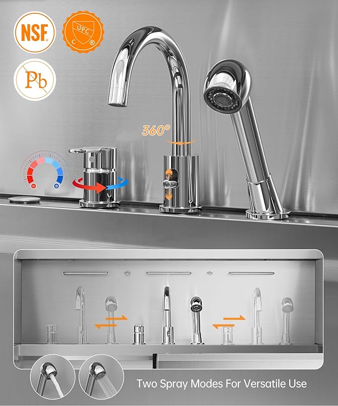 polimo Dog Washing Station, LED Professional Stainless Steel Dog Bathing Station 38", Dog Grooming Tub for Large, Medium & Small Dog - with Window, Ramp, Drawer, Floor Grate & Faucet (Left RAMP, 38")