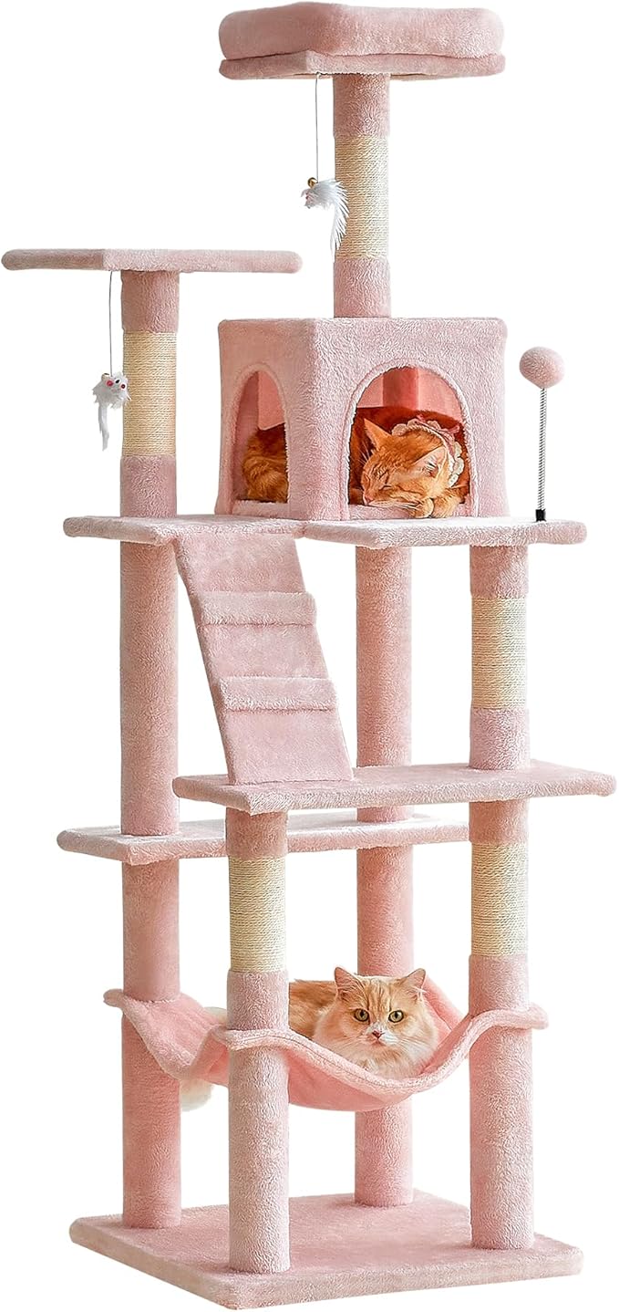 MWPO 63.8-Inch Pink Cat Tree for Indoor Cats, Multi-Level Cat Tower with Sisal-Covered Scratching Posts, Padded Platform, Hammock, Dangling Toys, Stable Cat Condo Pet Play House